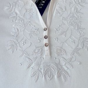 Lauren Ralph Lauren cream colored embroidered knit top. 3/4 sleeve